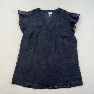 Elle Semi-Sheer Blouse WMN S Black Regular Fit Floral Print V-neck Short Sleeves